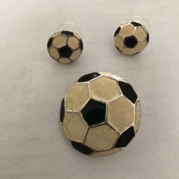 Soccer Ball Pendant Pin Matching Earrings Set VTG - Picture 1 of 3